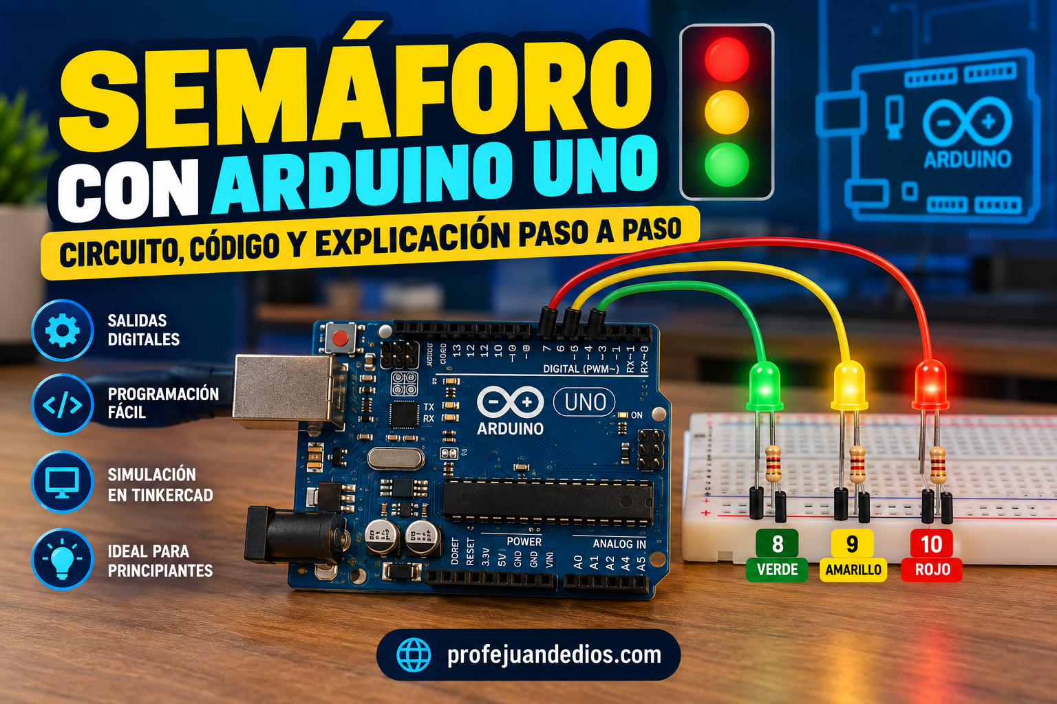 Semáforo con Arduino UNO usando LEDs rojo amarillo y verde