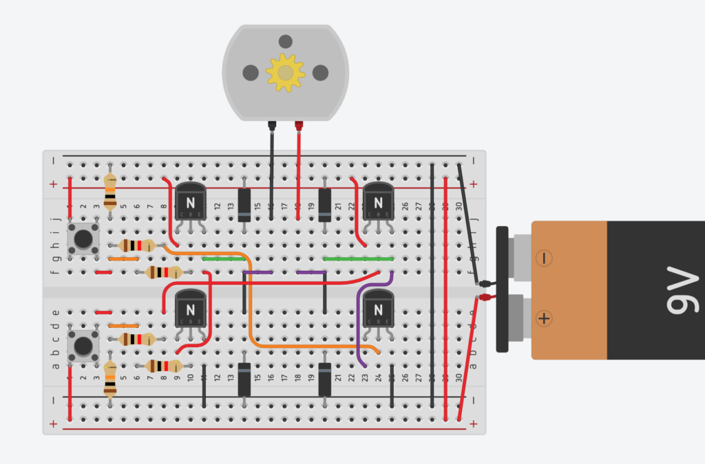 circuito cambio giro motor dc puente H tinkercad