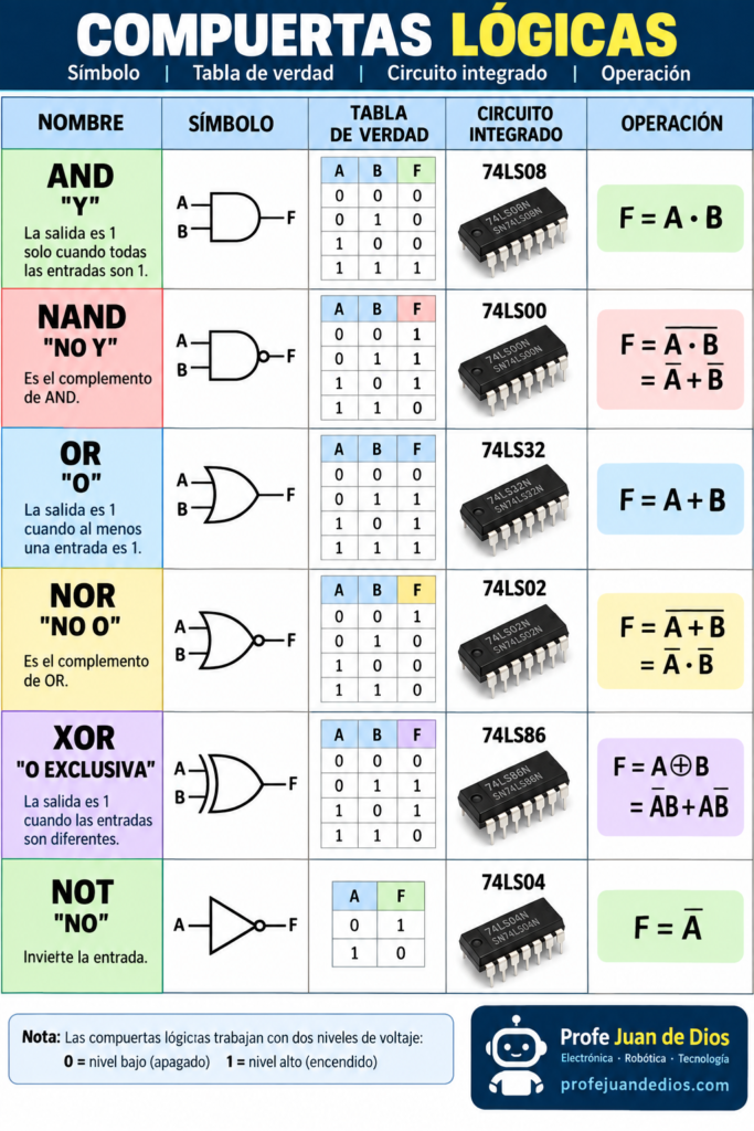 Compuertas lógicas AND OR NOT NAND NOR y XOR con tablas de verdad