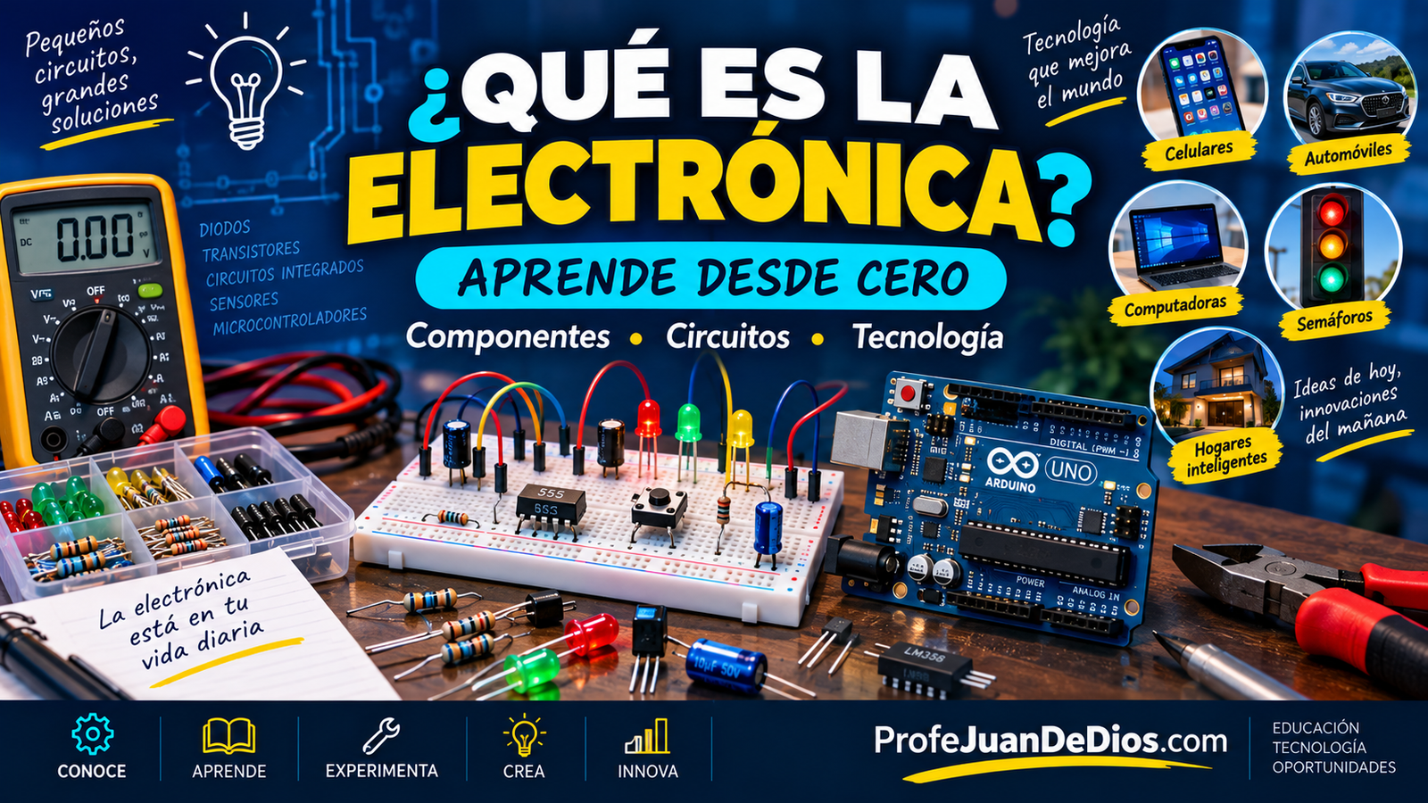 Infografía sobre qué es la electrónica, con protoboard, LEDs, resistencias, multímetro, Arduino y ejemplos de aplicaciones en la vida cotidiana.