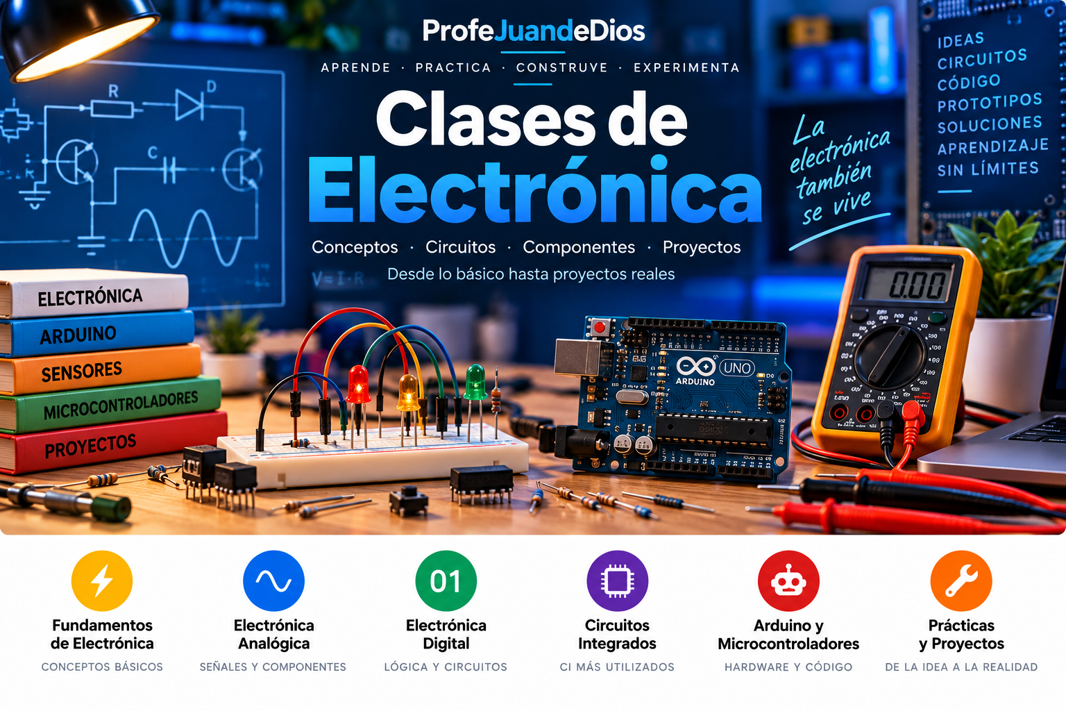 Clases de Electrónica con circuitos, Arduino, protoboard, componentes y multímetro