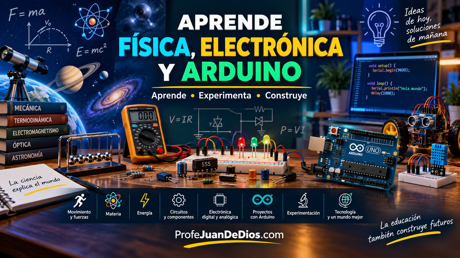 Física, Electrónica y Arduino con circuitos, componentes y proyectos educativos