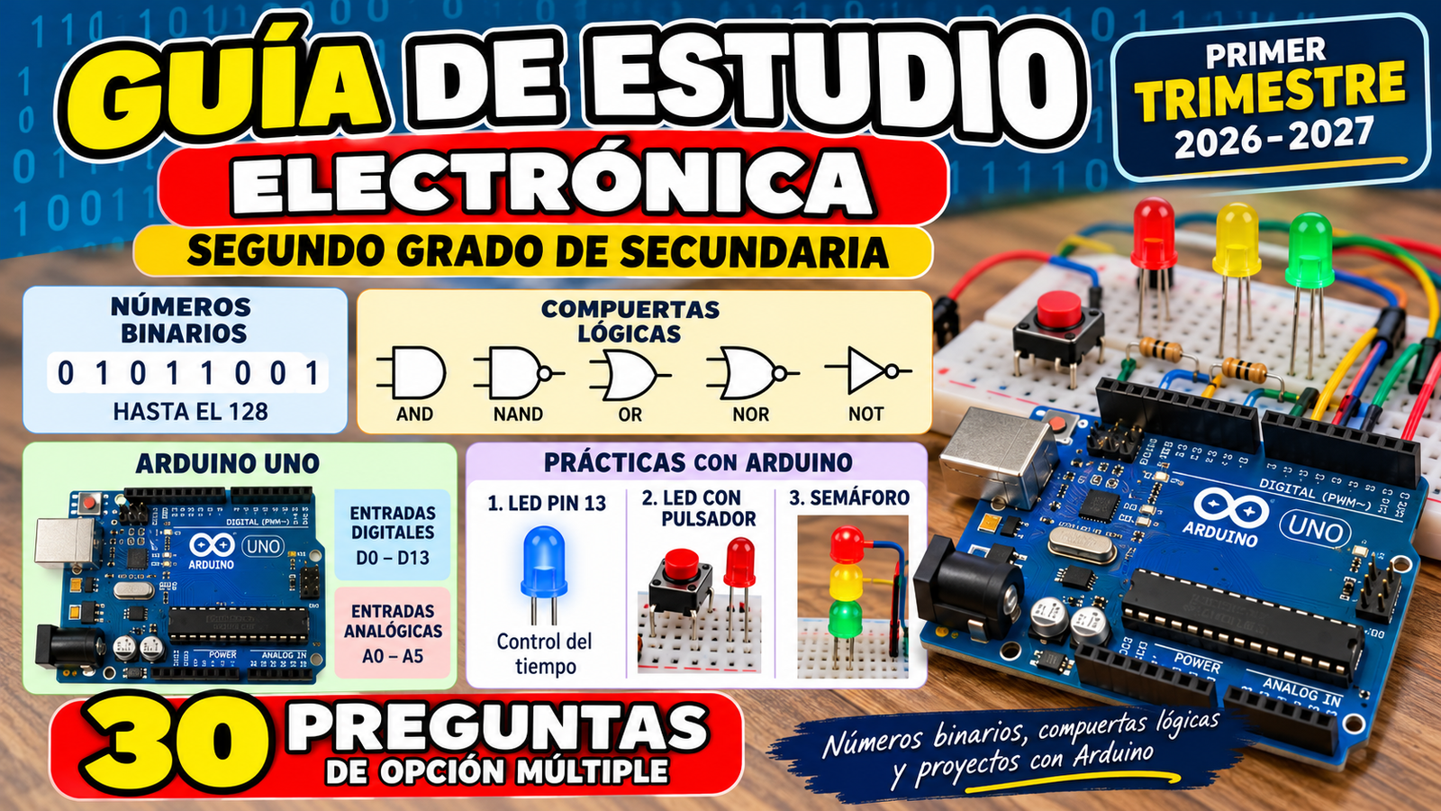 GUÍA DE ESTUDIO DE ELECTRÓNICA Segundo grado – Primer trimestre 1 Guía de estudio de Electrónica para segundo grado de secundaria con Arduino UNO, números binarios, compuertas lógicas y 30 preguntas de opción múltiple.