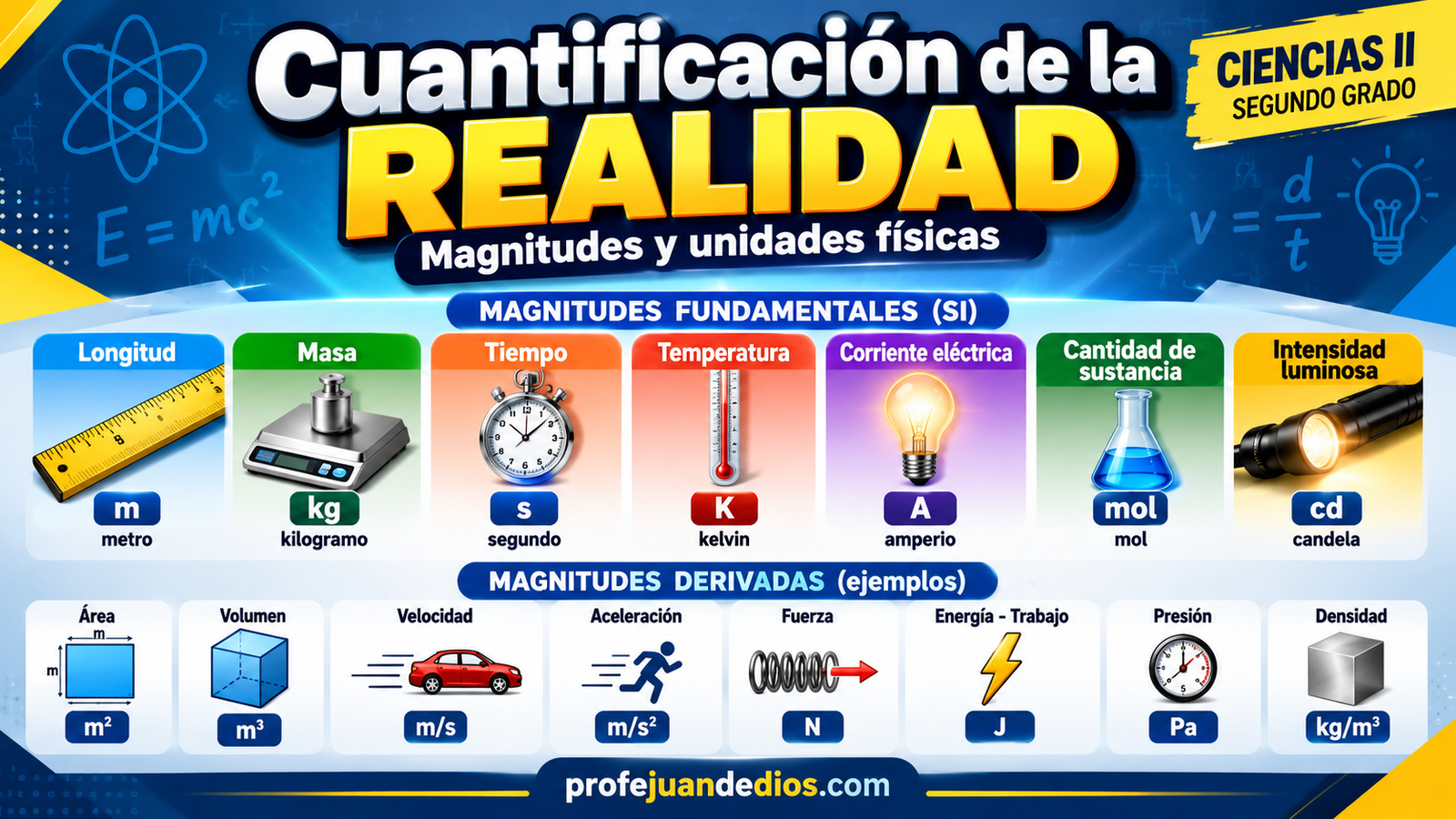 Cuantificación de la realidad: magnitudes físicas fundamentales y derivadas del Sistema Internacional de Unidades, con ejemplos de longitud, masa, tiempo, temperatura, velocidad y fuerza.